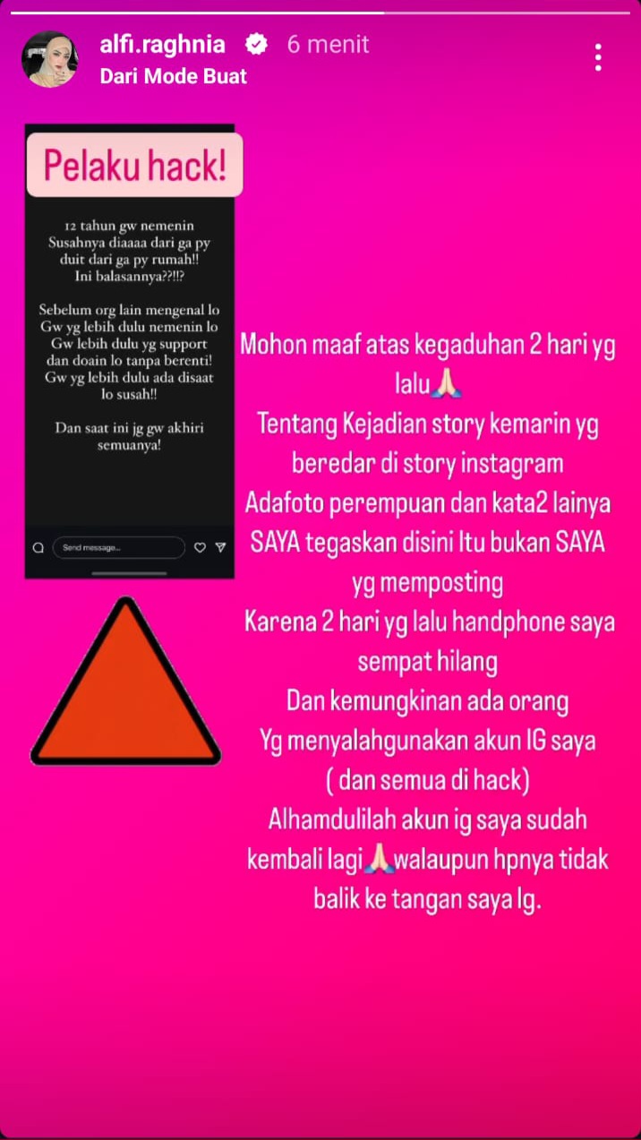 Tangkapan layar status Insta Story @alfi.ragnia milik istri Calon Walikota Cilegon Robinsar, Alfi Raghnia